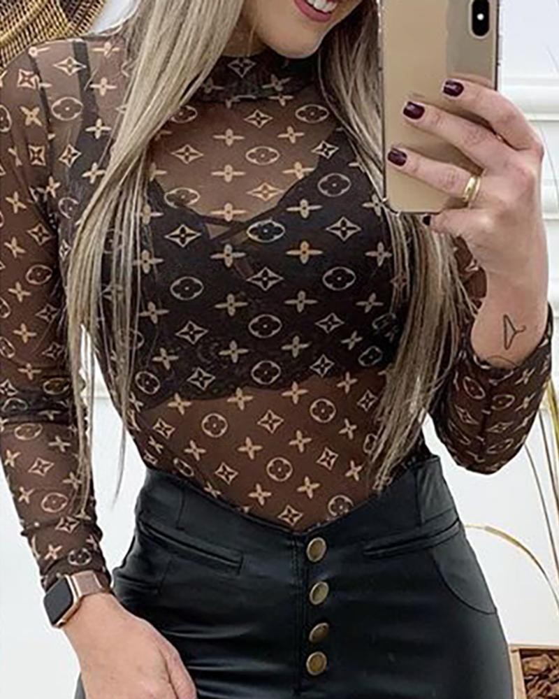 Long Sleeve Print Sheer Mesh Blouse