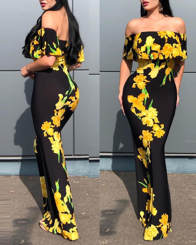 

Off Shoulder Floral Print Maxi Dress, Black