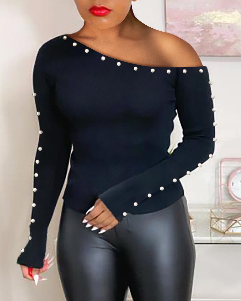 Beaded One Shoulder Long Sleeve Top