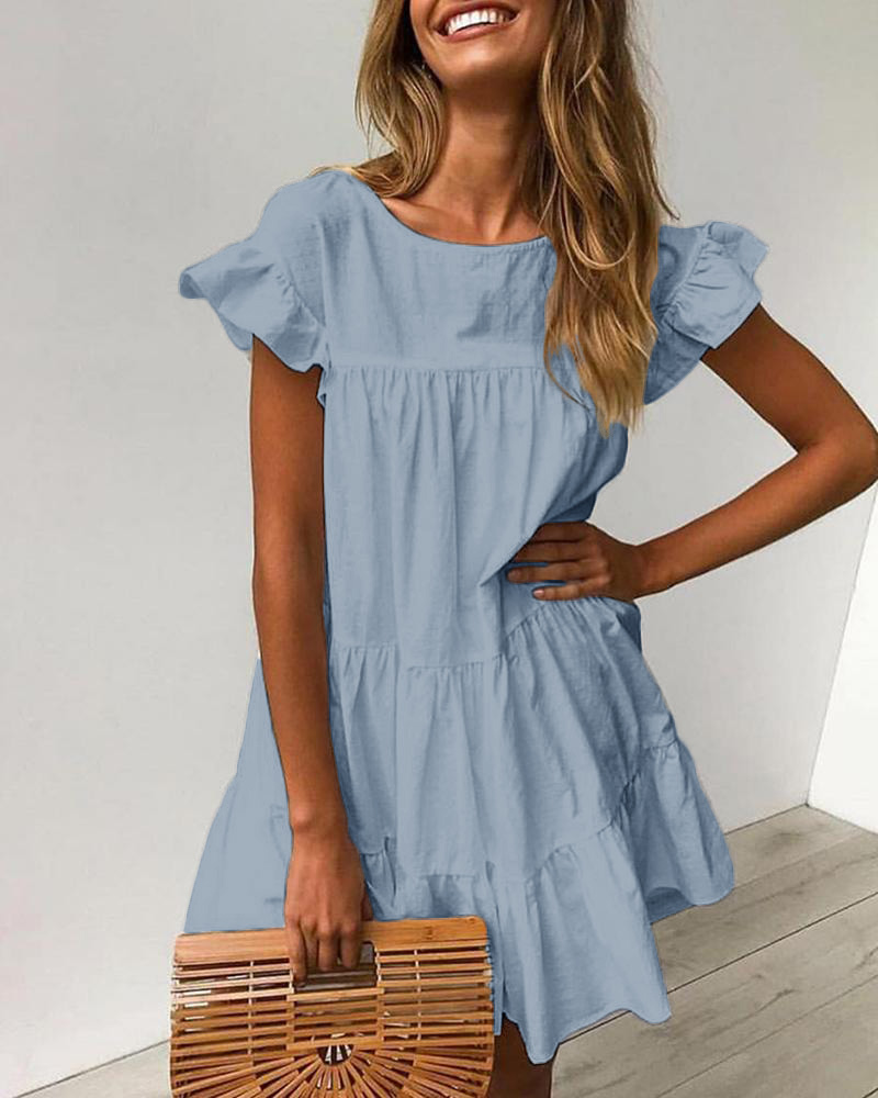 

Round Neck Ruffles Ruched Casual Dress, Blue