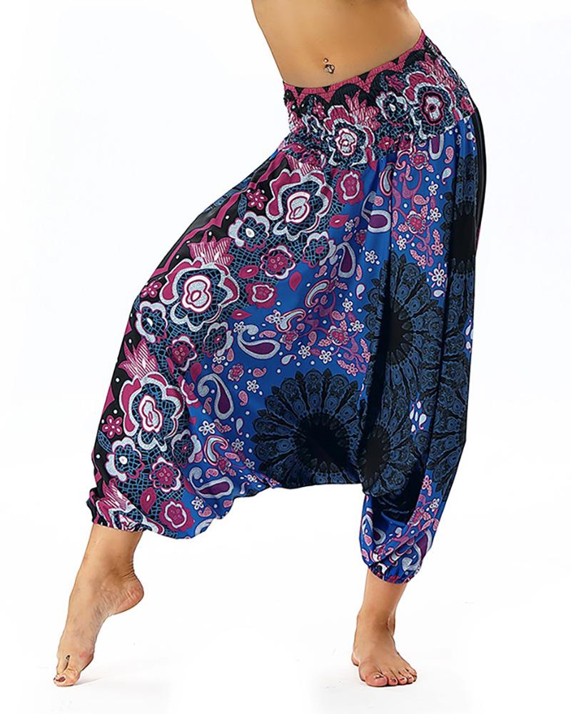 

Print Wide Leg High Waist Yoga Pants, Dark blue
