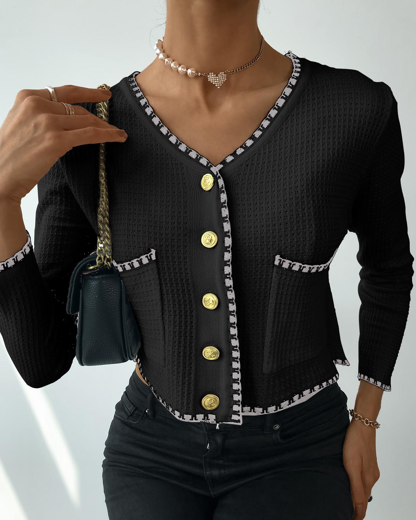 

Colorblock Buttoned Pocket Design Knit Sweater, Black