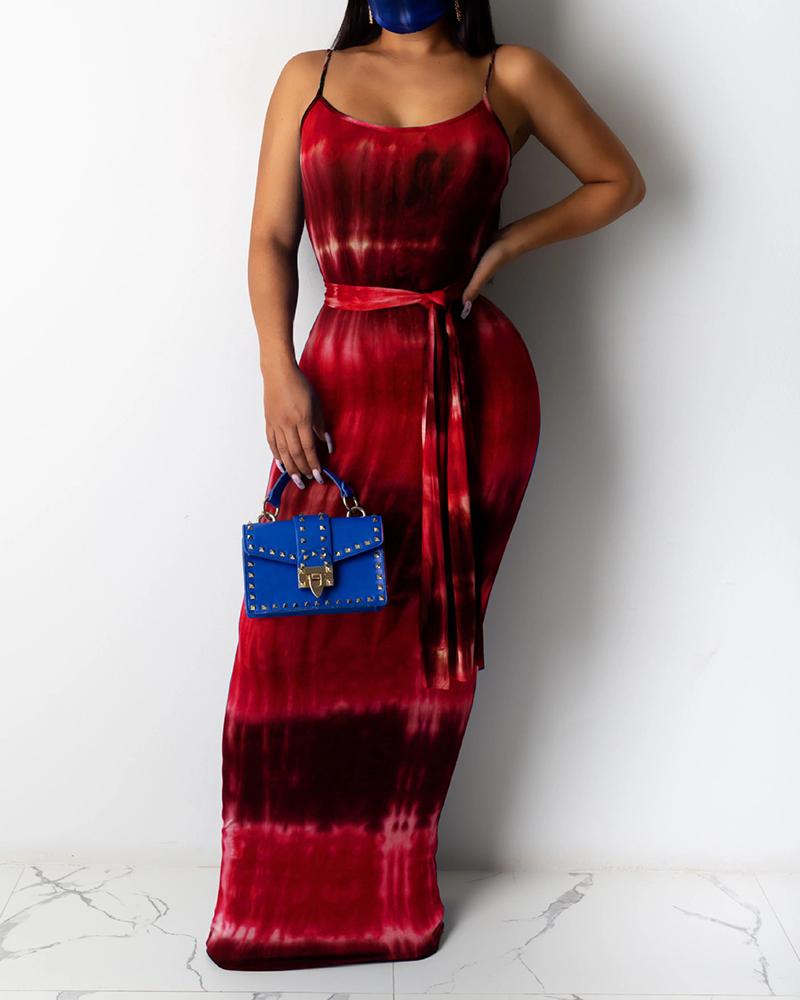 

Spaghetti Strap Tie Dye Print Maxi Dress, Wine red