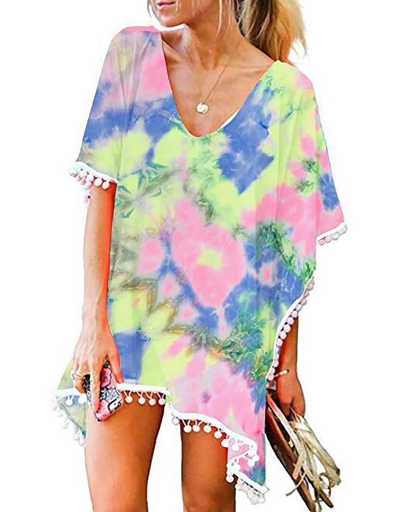 

Tie Dye / Floral / Palm Tree Print Pom Pom Cover Up, Multicolor