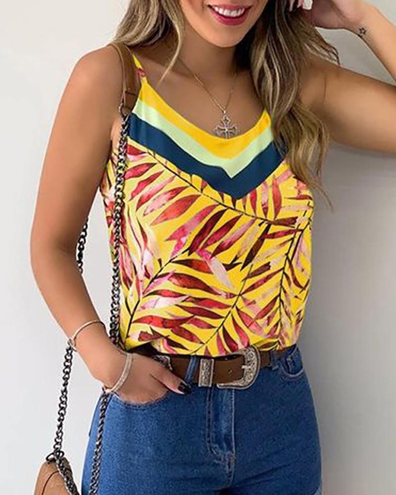 

Print V-neck Spaghetti Strap Casual Top, Yellow
