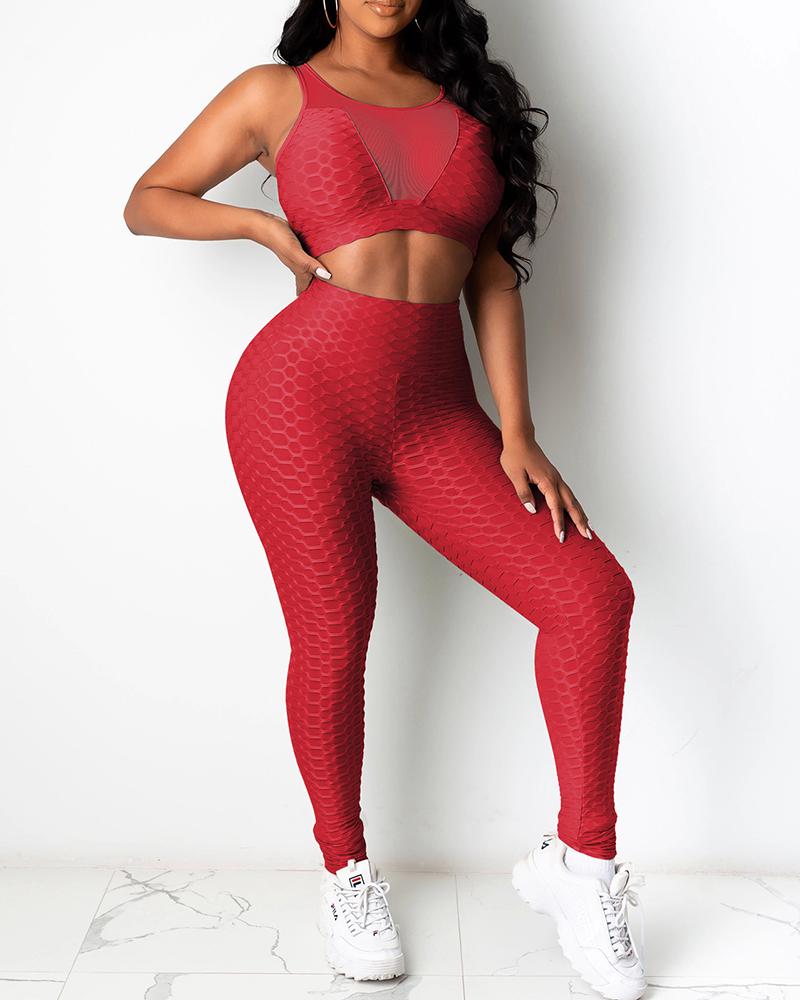 

Plain Thick Strap Crop Tank & High Waist Active Pants Set, Red