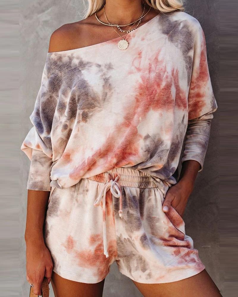 

Tie Dye Print Half Sleeve Top & Shorts Set, Coffee