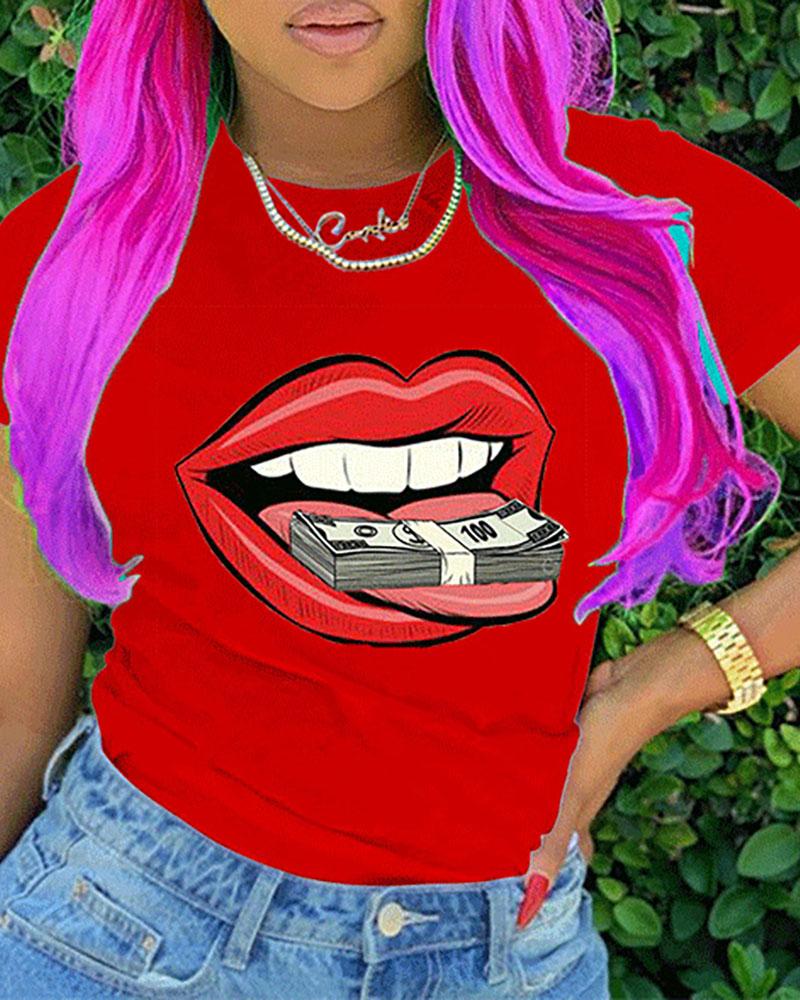 

Lip Print Short Sleeve Casual T-shirt, Red