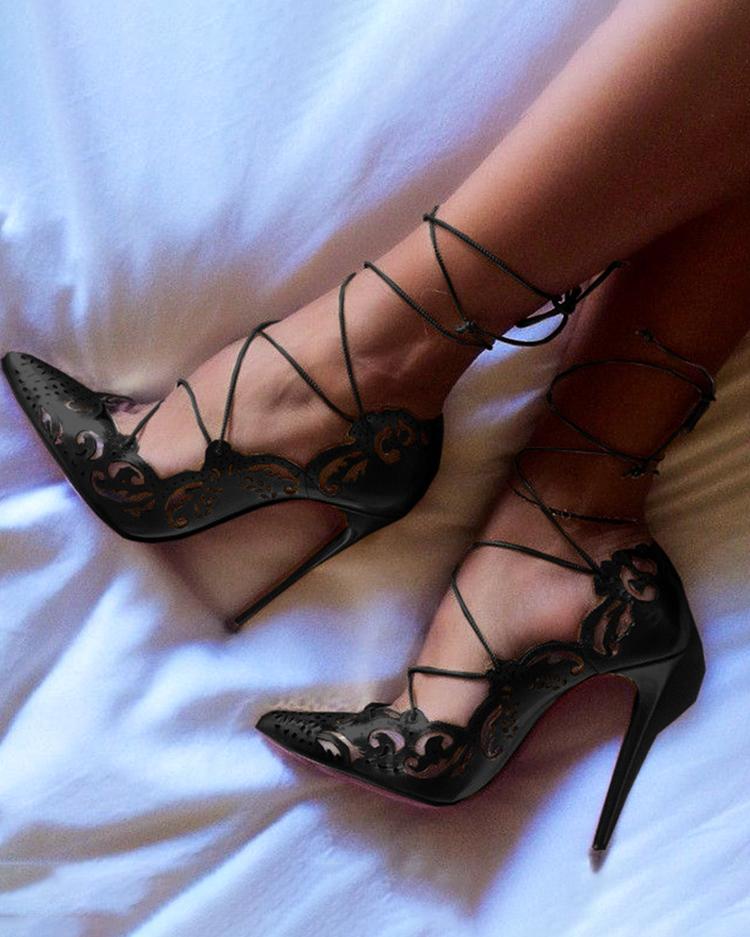

Retro Hollow Out Bandage Stiletto Pumps, Black