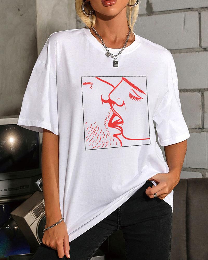 

Figure Patterns Print Short Sleeve Loose T-shirts, White