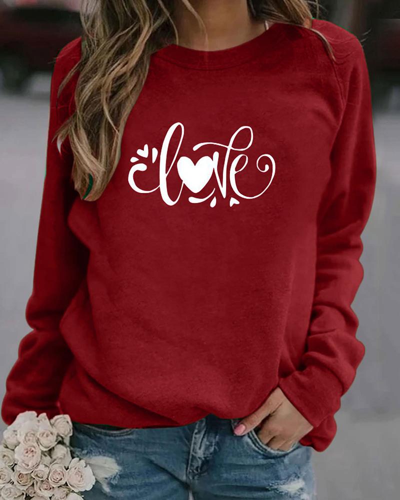 

Heart Print Long Sleeve Round Neck Sweatshirt, Red