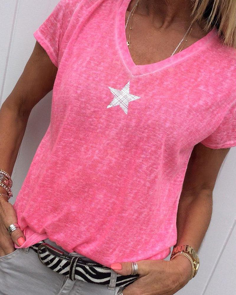 

Star Print V-Neck T-Shirt, Pink