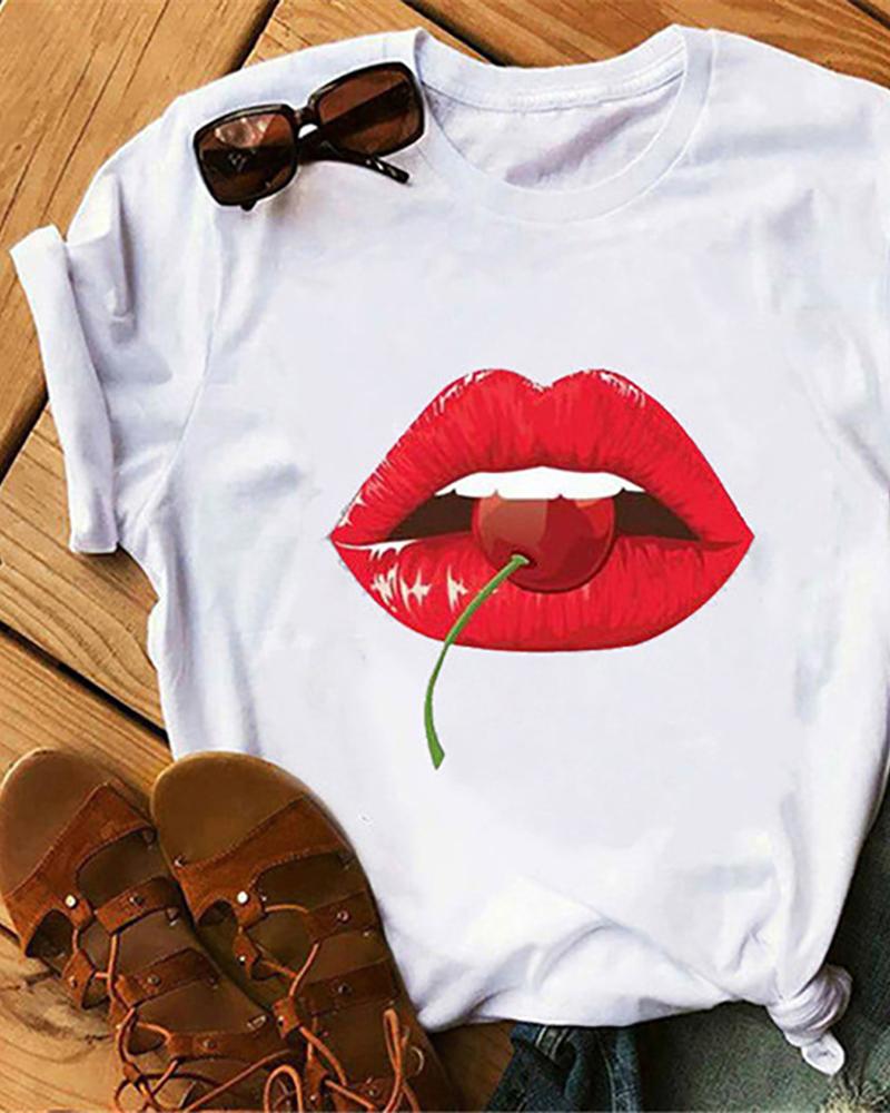 

Lip Print Short Sleeve Casual T-Shirt, Style2