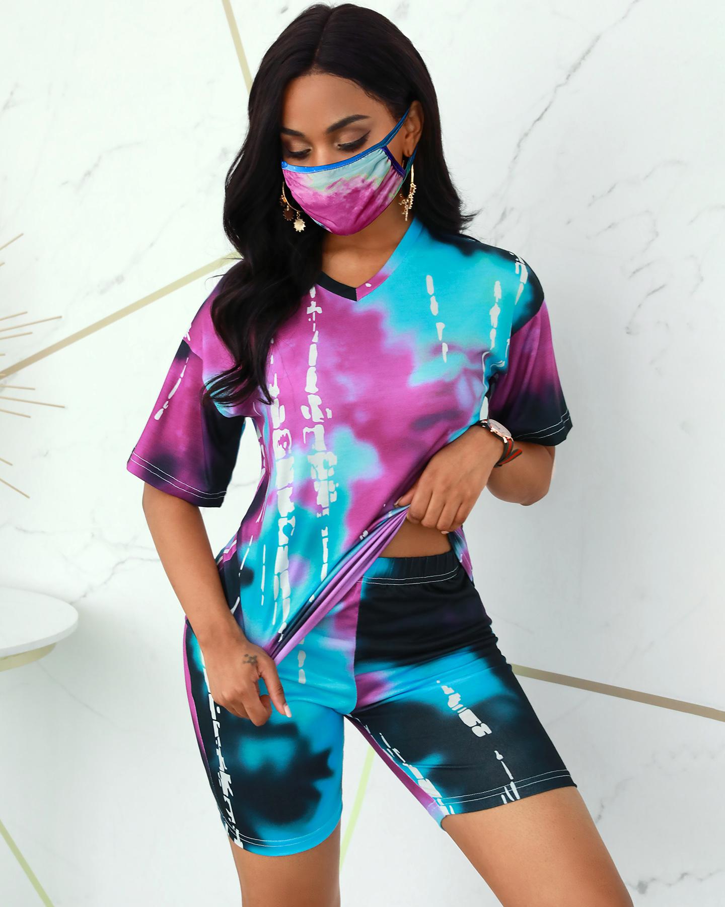 

Tie Dye Print V-neck Women Top & Shorts Set, Black