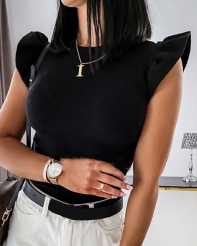 

Solid Flutter Sleeve Round Neck Blouse, Black