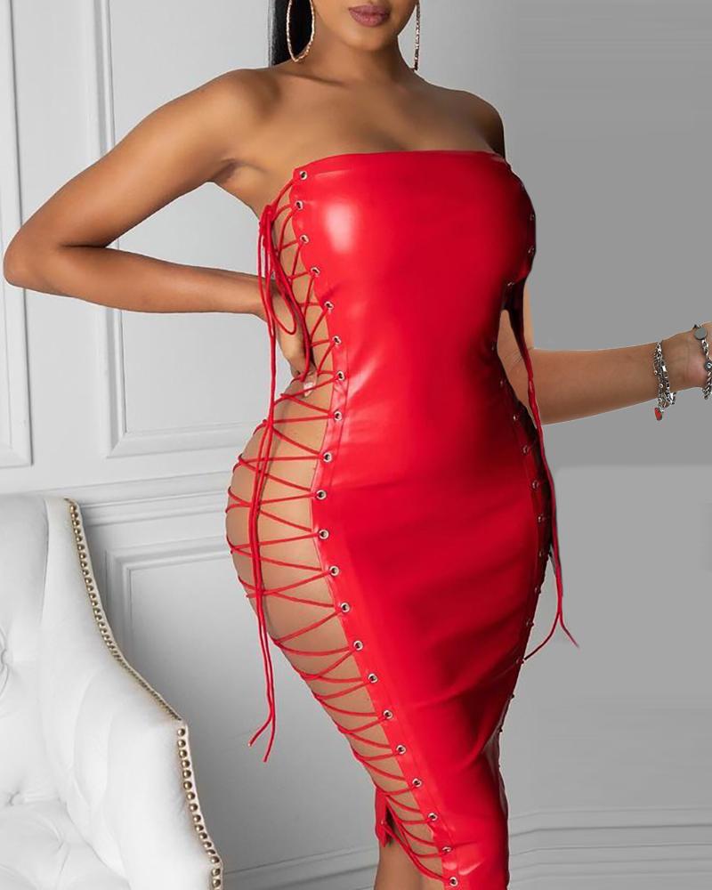 

Eyelet Lace-up Bandeau PU Leather Dress, Red