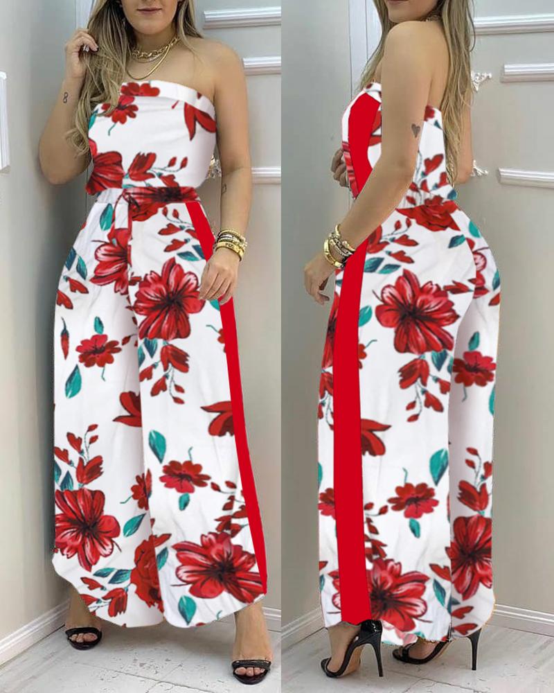 

Floral Print Bandeau Wide Leg Jumpsuit, Red