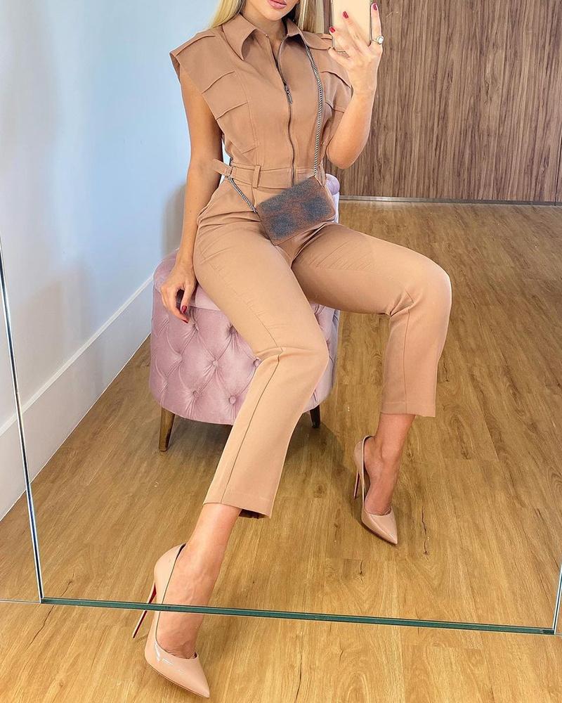 

Zipper Pocket Design Plain Skinny Jumpsuit With Belt, Brown