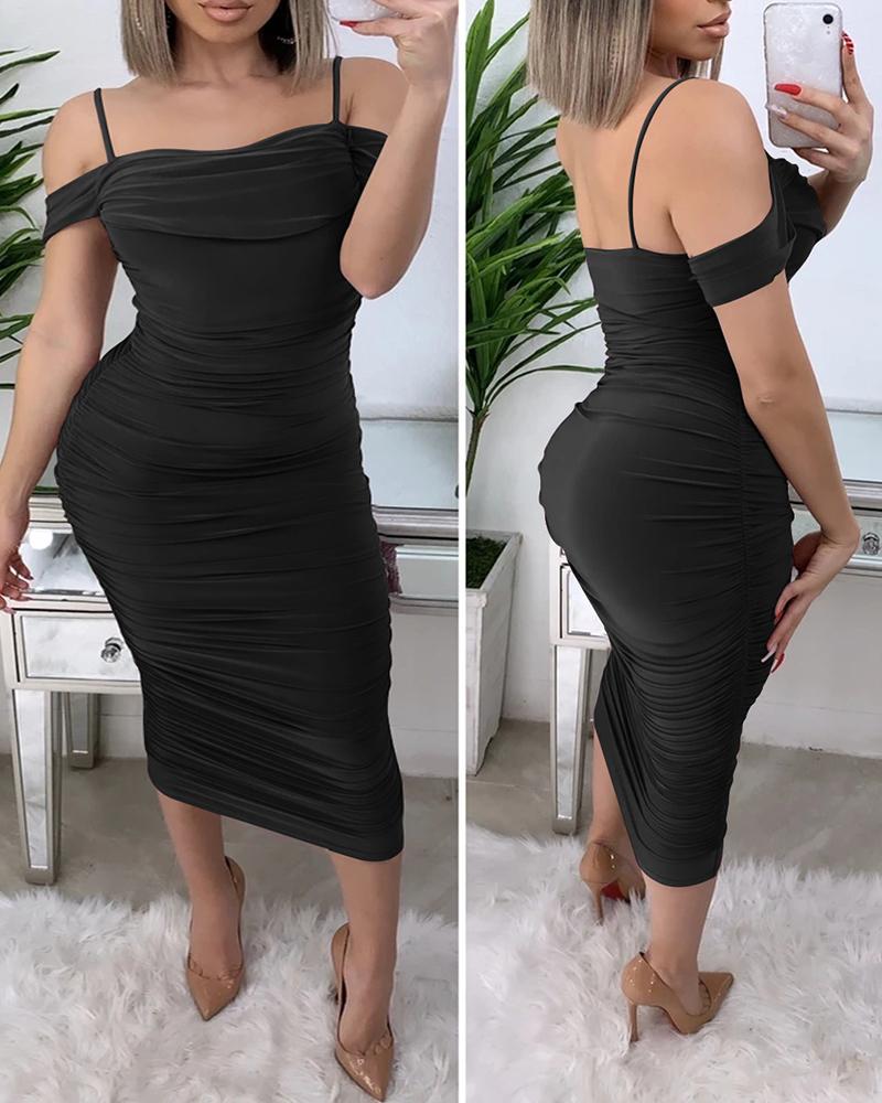 

Cold Shoulder Spaghetti Strap Ruched Party Dress, Black