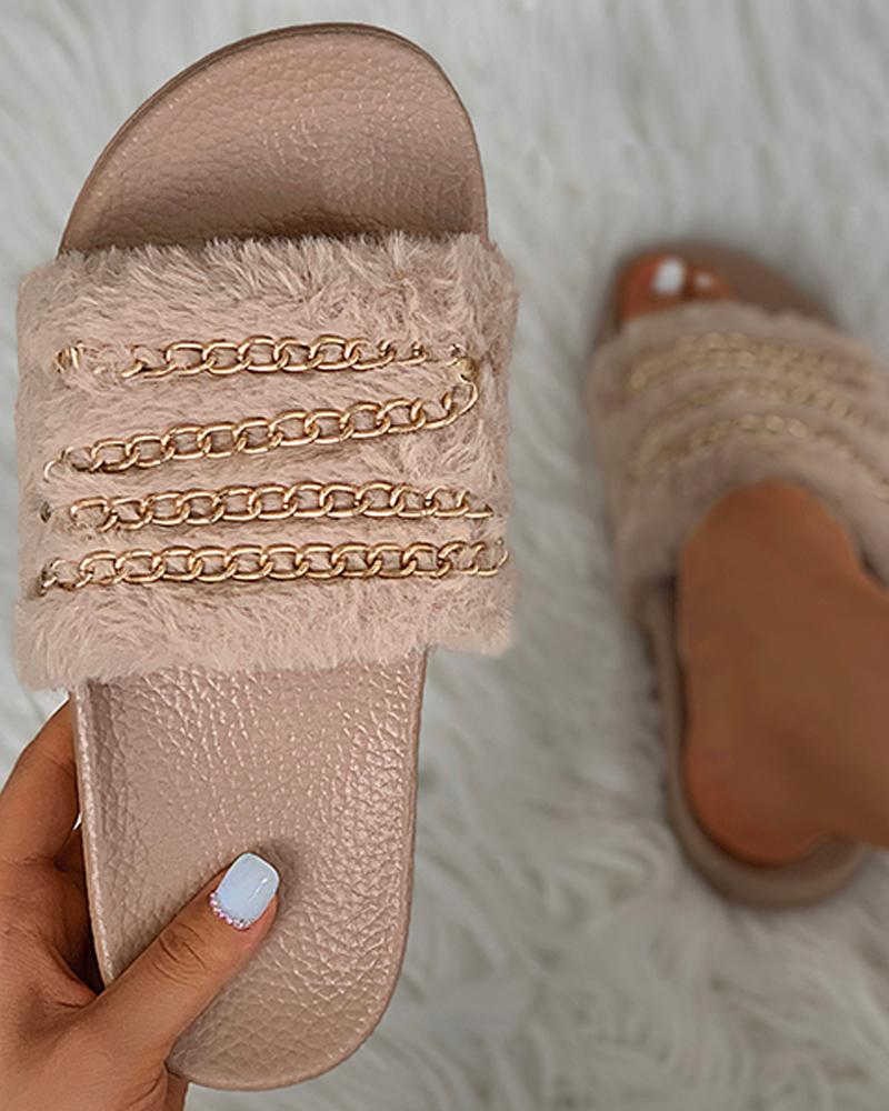 

Chain Strap Fluffy Slippers, Khaki
