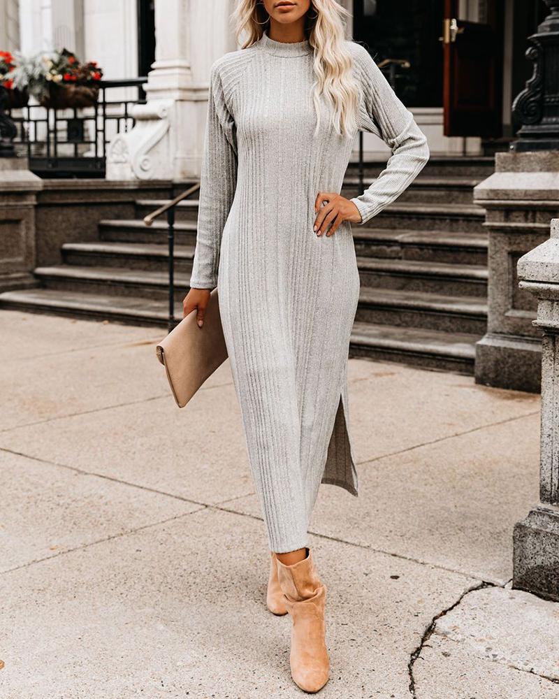 

Plain Ribbed Long Sleeve Slit Dress, Gray