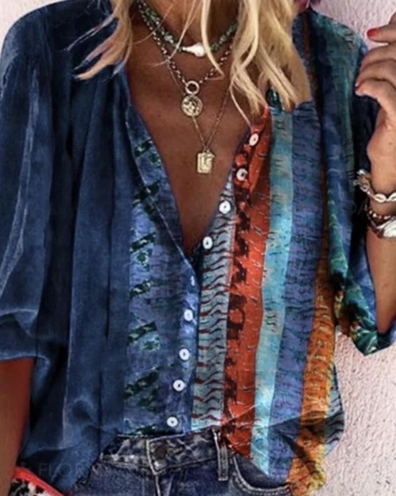 

All Over Print Button Design Long Sleeve Shirt, Blue