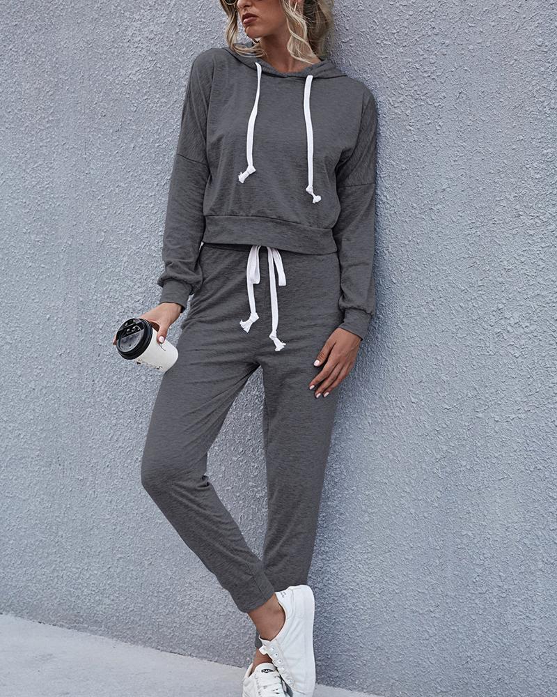

Solid Long Sleeve Loose Hoodies Sweatshirts Suit Sets, Dark grey