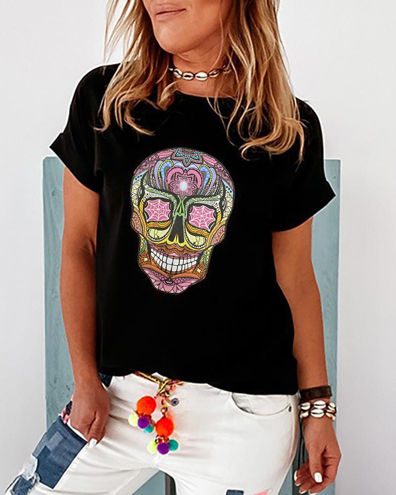 

Skull Print Round Neck T-Shirt, Black