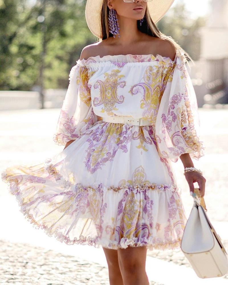 

Print Off Shoulder Ruffles Mini Dress, Multicolor