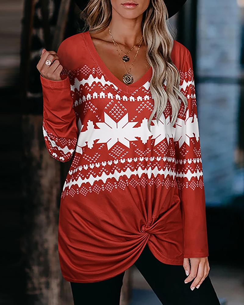 

Christmas Plaid Print Twisted Long Sleeve T-shirt, White