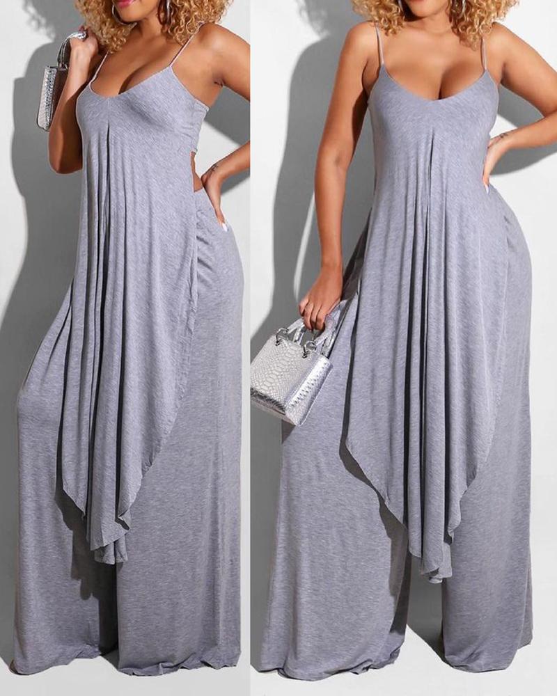 

Spaghetti Strap Ruched Top & Wide Leg Pants Set, Gray