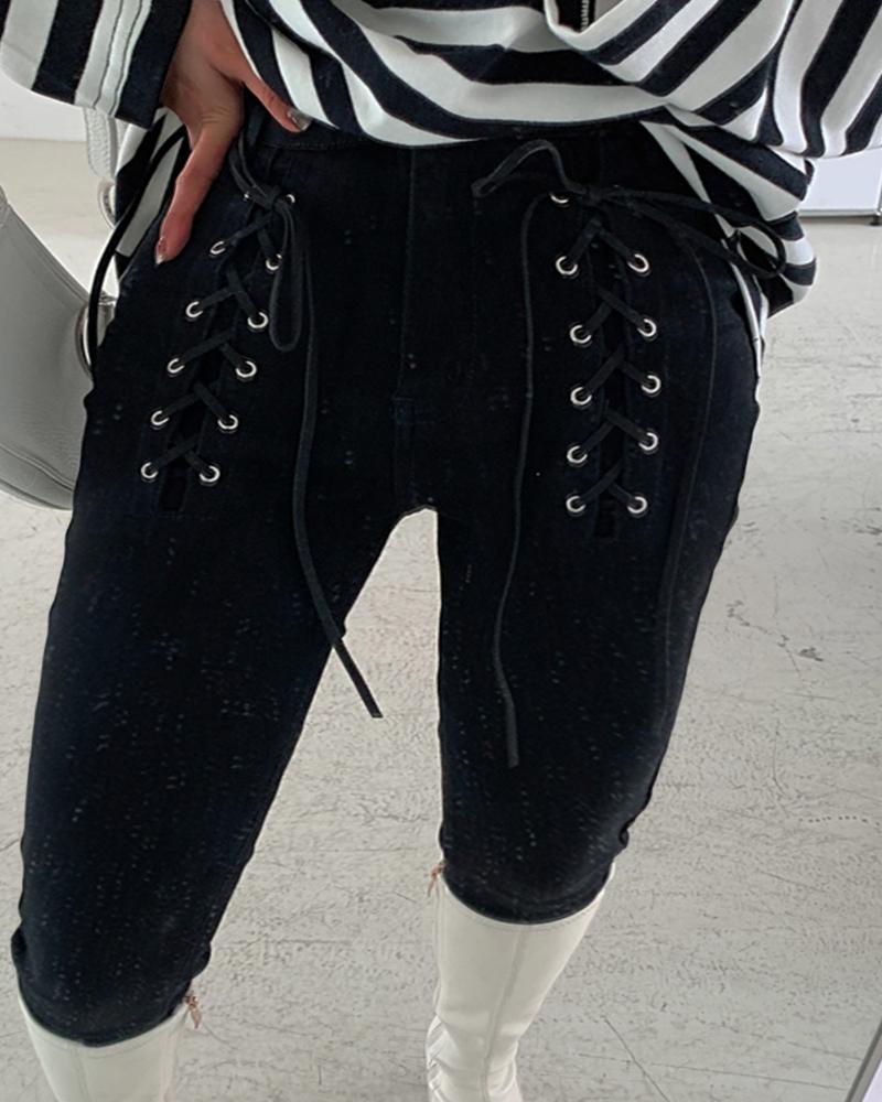 

Eyelet Lace-up Skinny Jeans, Black