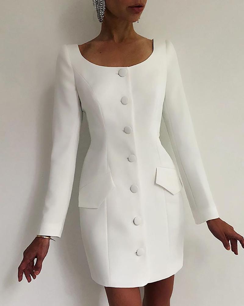

Button Design Plain Long Sleeve Dress, White