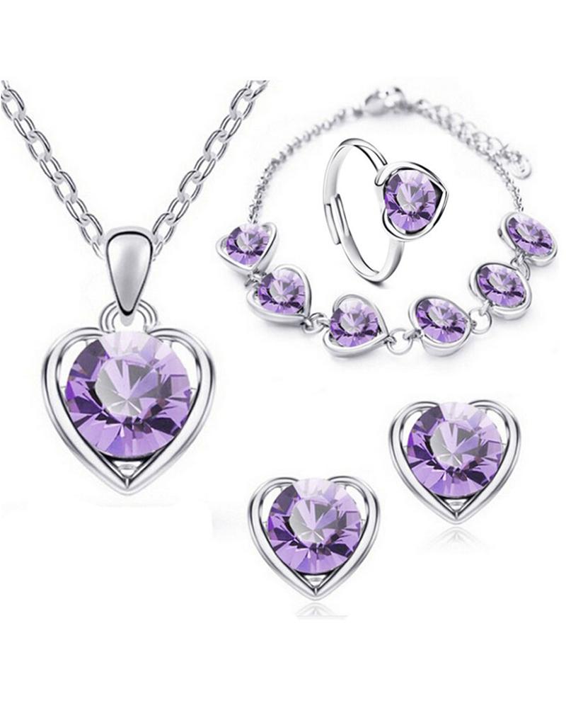 

4PCS Heart Shaped Rhinestone Pendant Necklace & Earrings & Bracelet Set, Purple