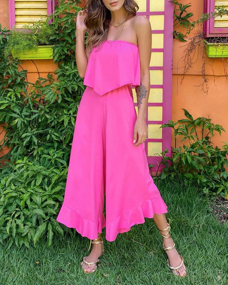 

Plain Straight Across Sleeveless Top & Pants Set, Hot pink