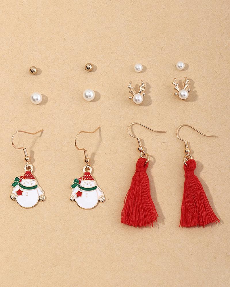 

6pairs Christmas Pattern Beaded Tassel Earring Set, Red
