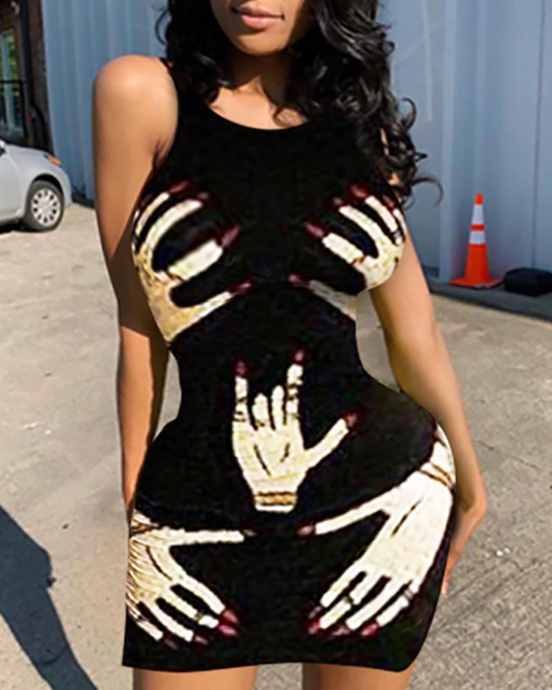 

Finger Print Sleeveless Bodycon Dress, Black