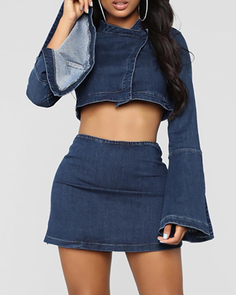 denim crop top and skirt set