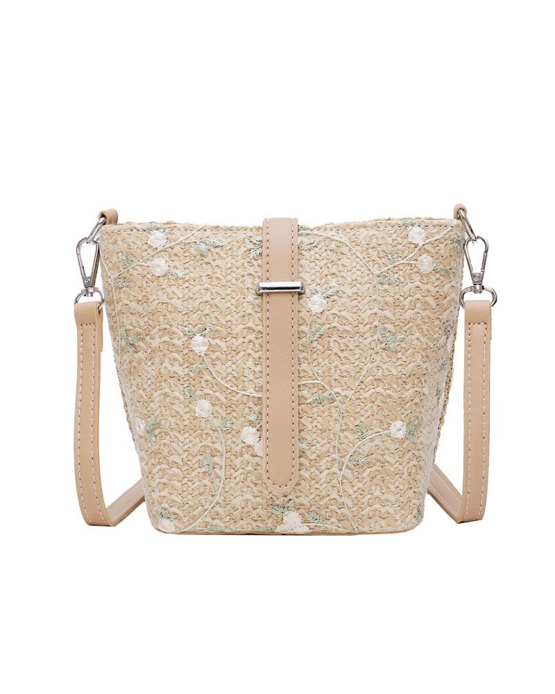 

Embroidery Bucket Straw Shoulder Bag, Khaki