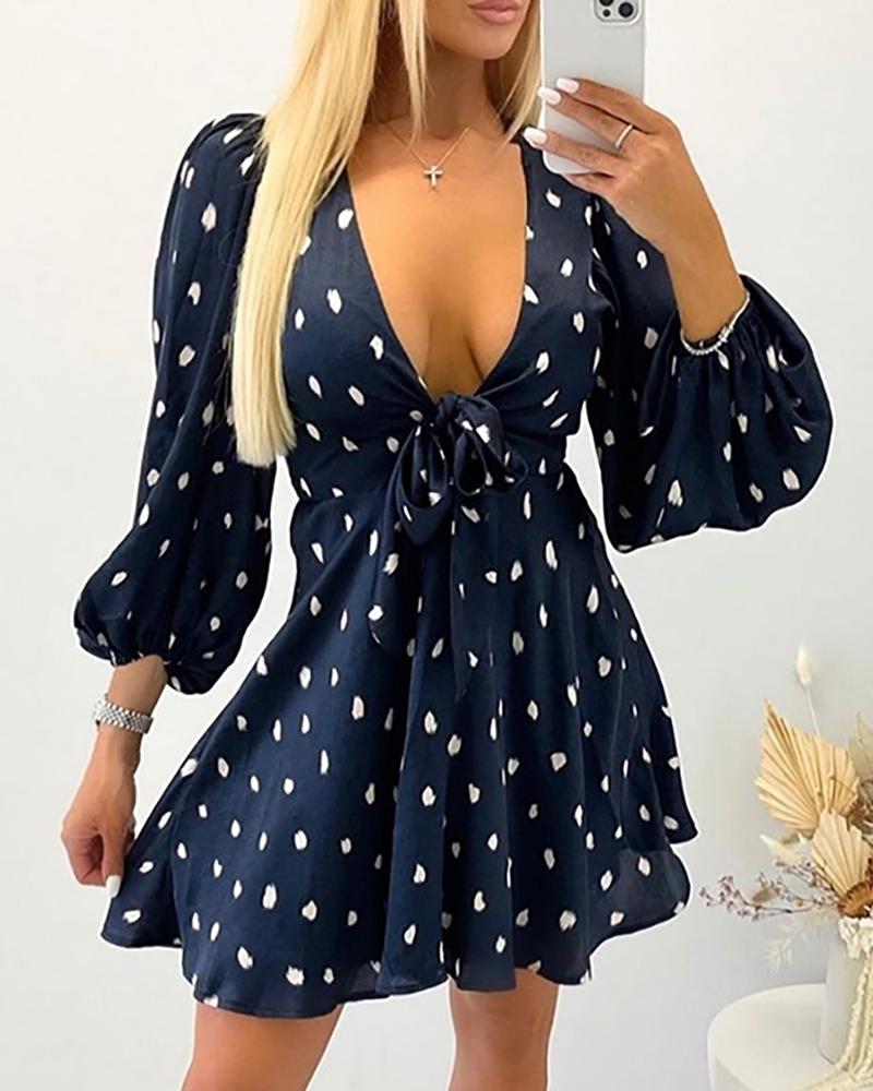 

Polka Dot Print Deep V Neck Long Sleeve Dress, Purplish blue