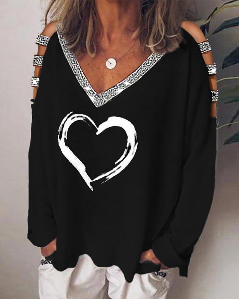 

Heart Print Studded Long Sleeve Women Top, Black