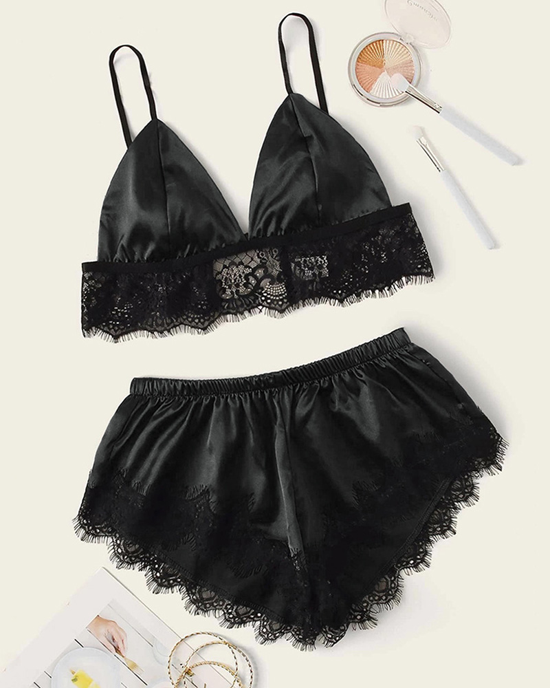 

Eyelash Lace Satin Cami Set, Black