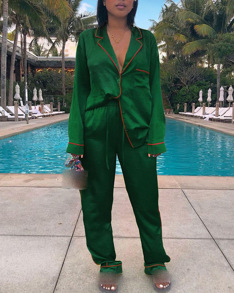 

Satin Contrast Biding Pocket Design Top & Drawstring Pants Set, Green