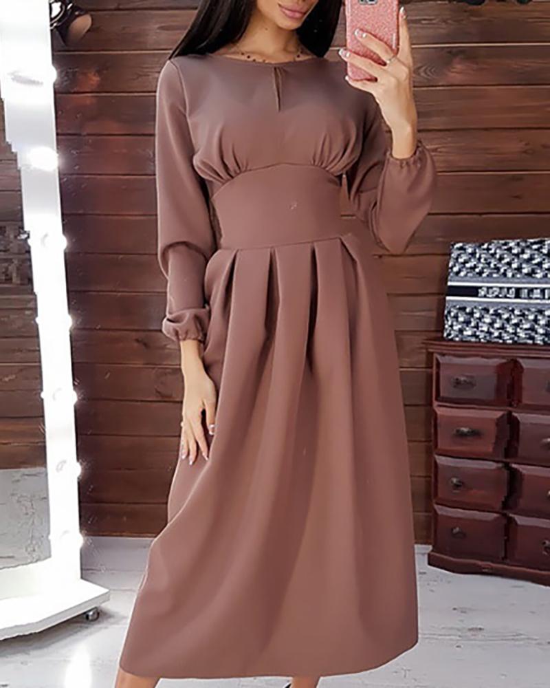 

Solid Tight Waist Casual Midi Dress, Brown