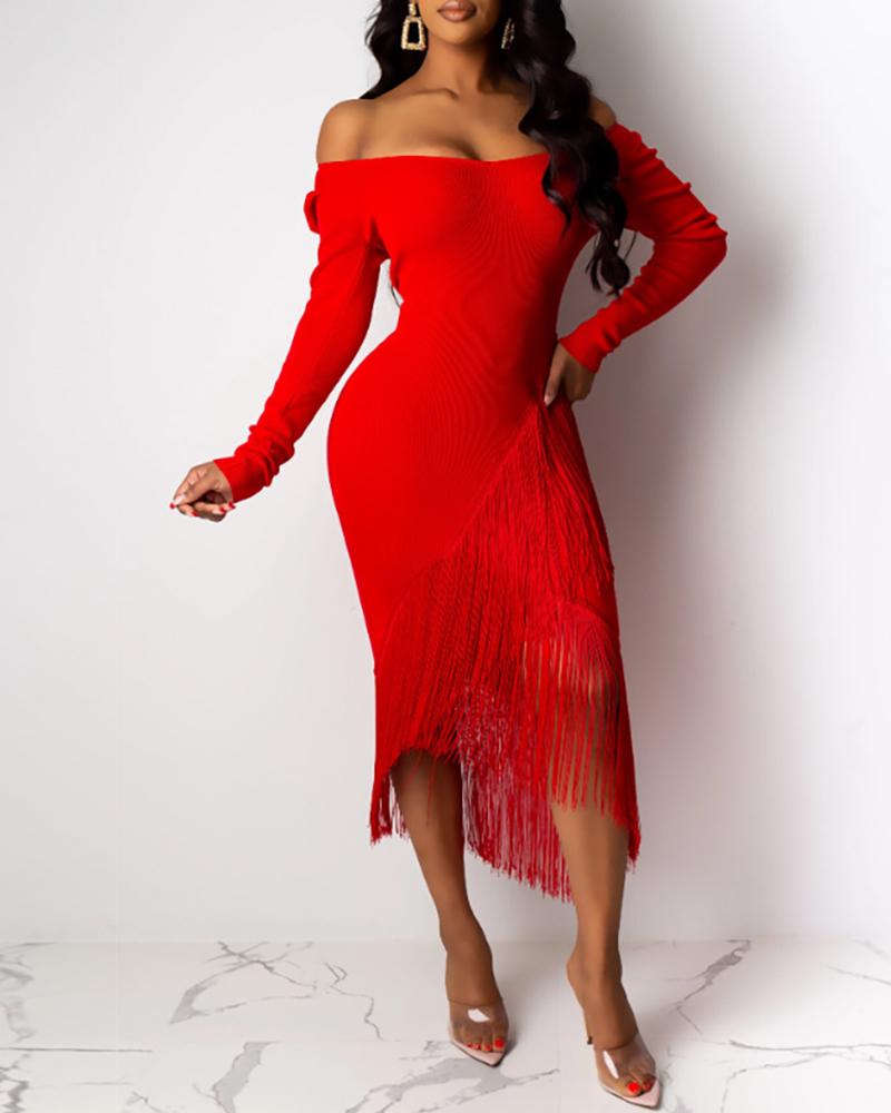 

Tassel Design Long Sleeve Women Dress, Red