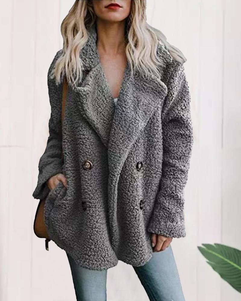 

Double Breasted Pocket Design Long Sleeve Teddy Coat, Dark grey