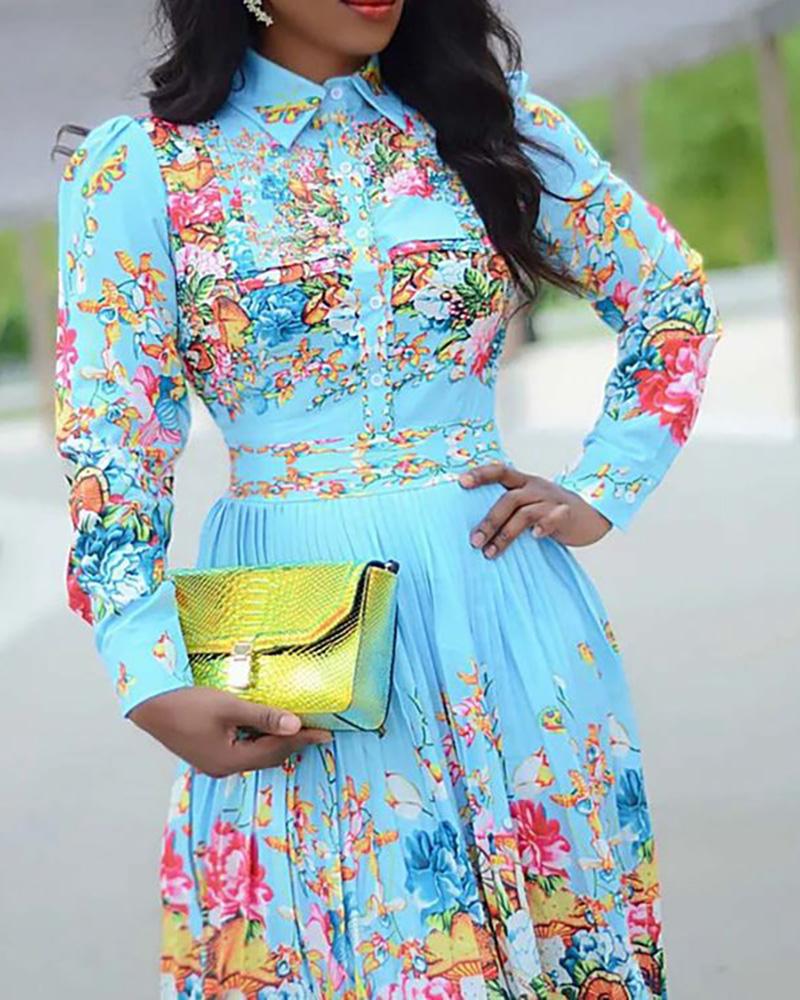 

Floral Print Buttoned Long Sleeve Shirt Dress, Blue