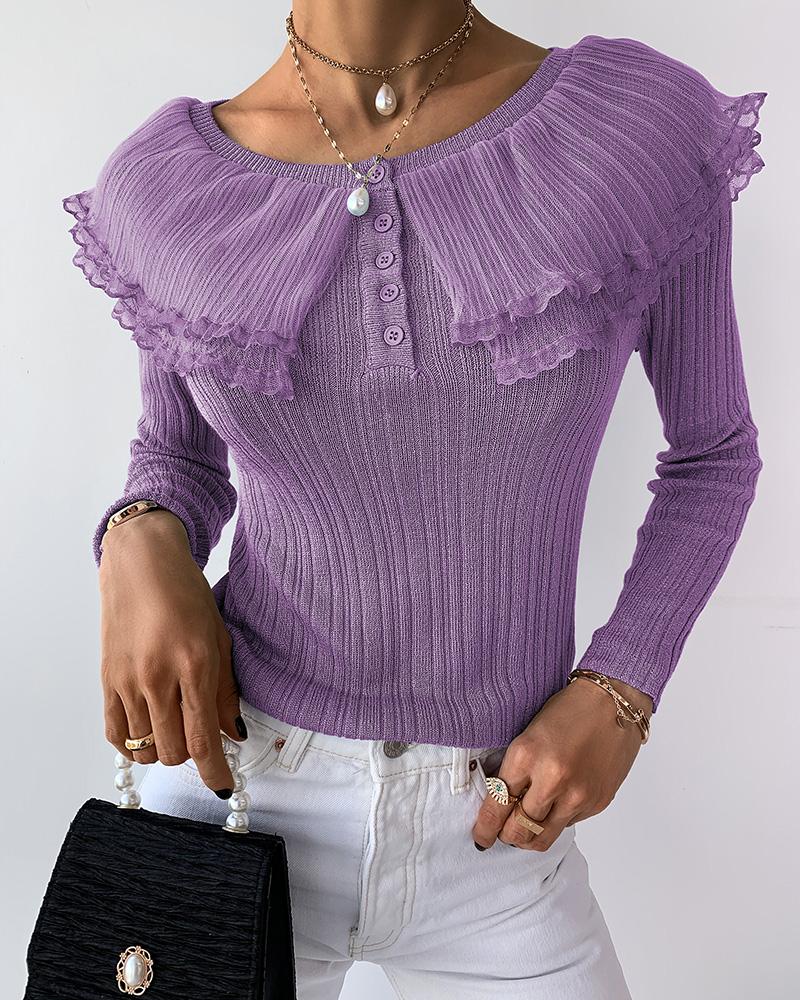 

Sheer Mesh Ruffles Trim Glitter Top, Purple