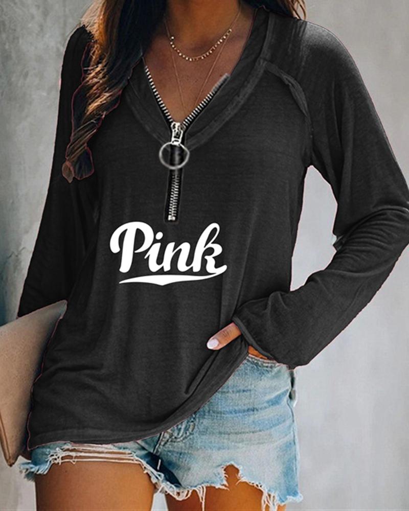 

Letter Print Splicing Zipper Long Sleeve Blouse, Black