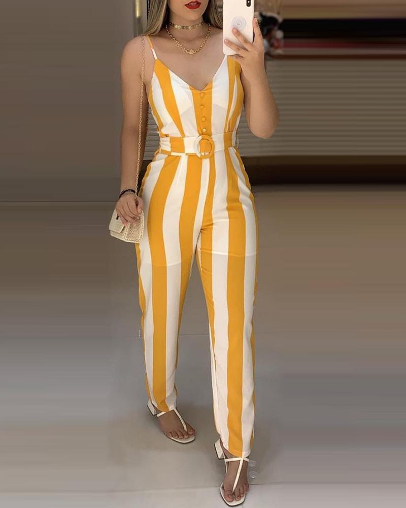 

Button Design Striped Print Jumpsuit With Belt, Yellow